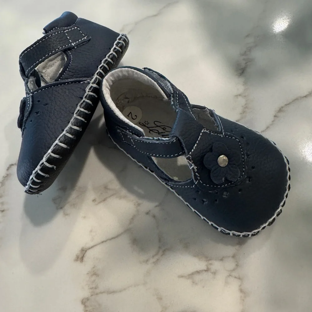 Navy Blue Baby Walker Shoes with Floral Detail